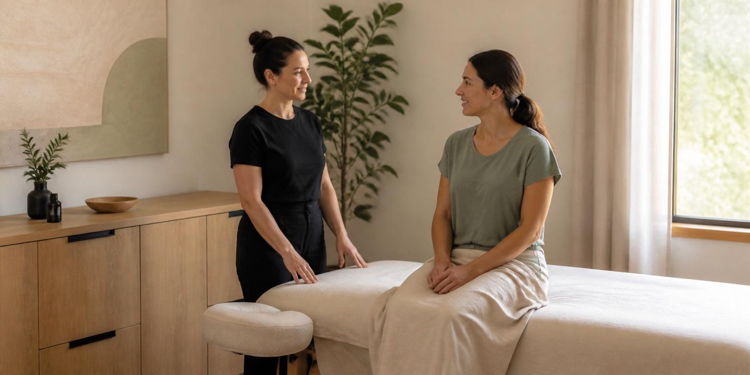 A massage therapist welcoming a client before a treatment