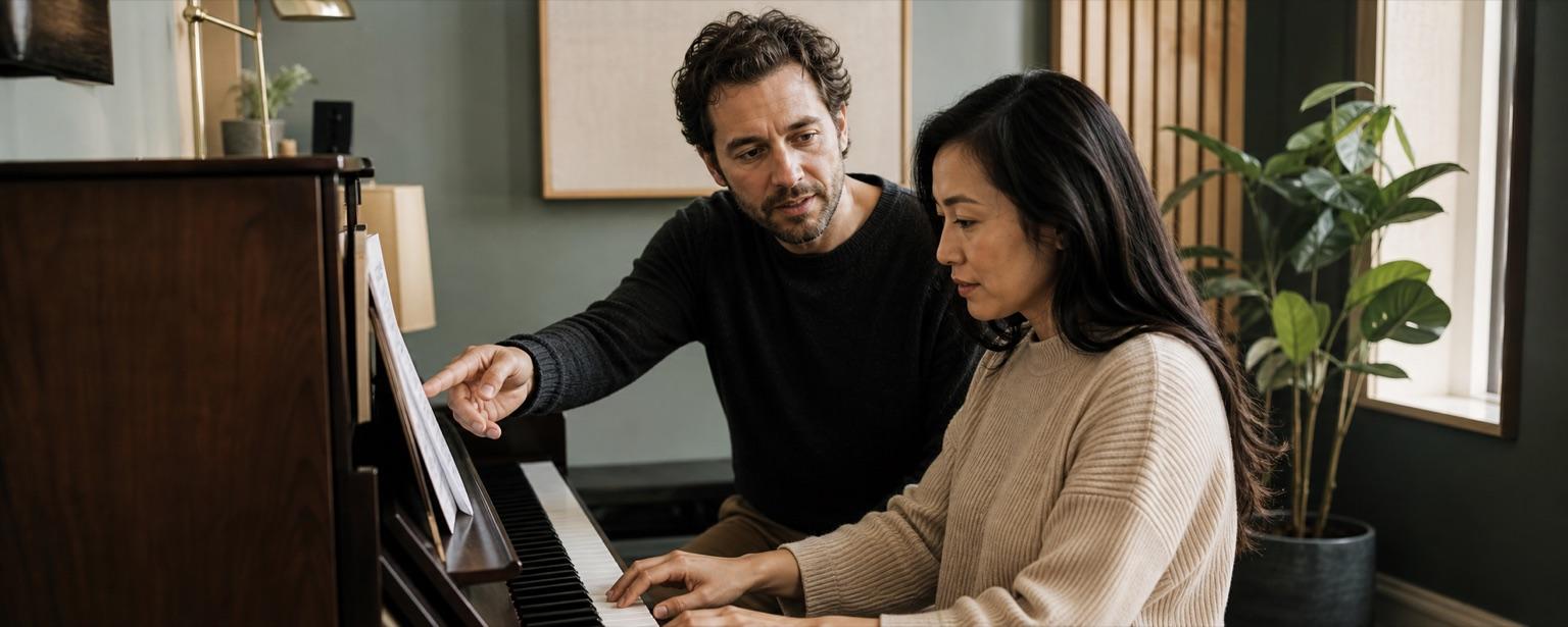 A piano teacher guiding an adult learner
