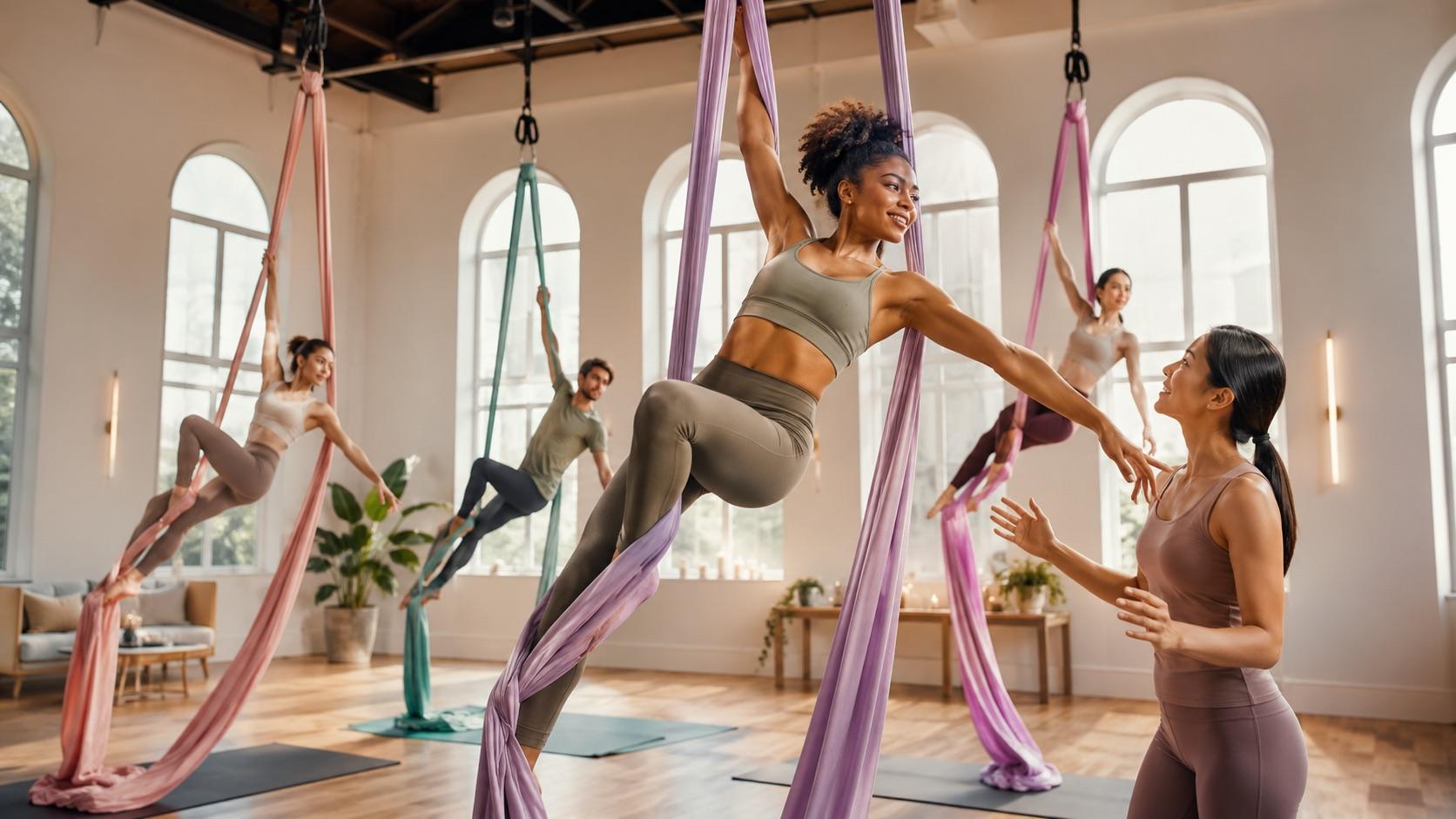 An instructor guiding an aerial silks class in a bright studio.