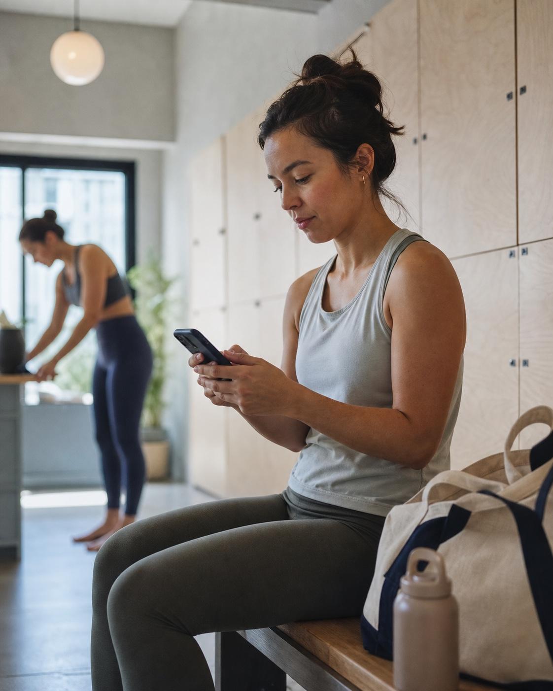 A client booking her next class on her phone before a session.