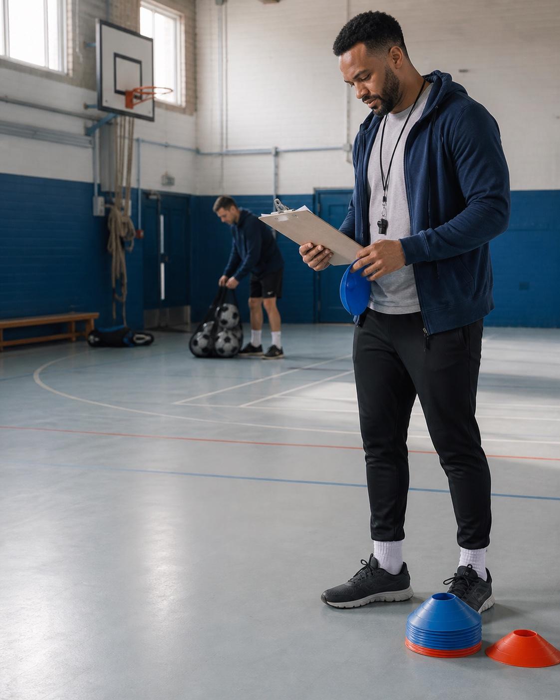 A coach reviewing the session plan while a colleague prepares the hall.