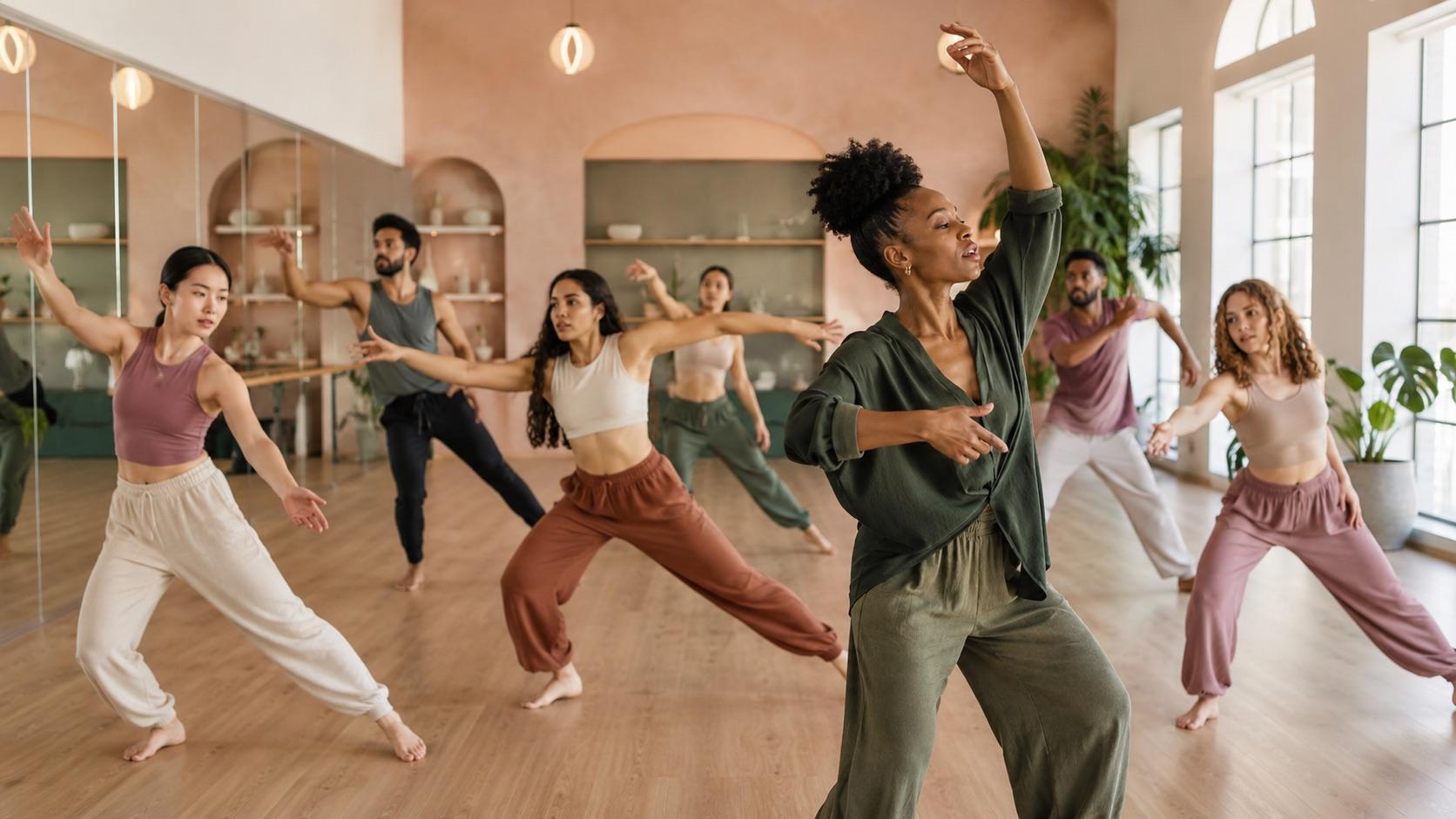 A contemporary dance class with five dancers mid-arabesque in a peach-walled studio.