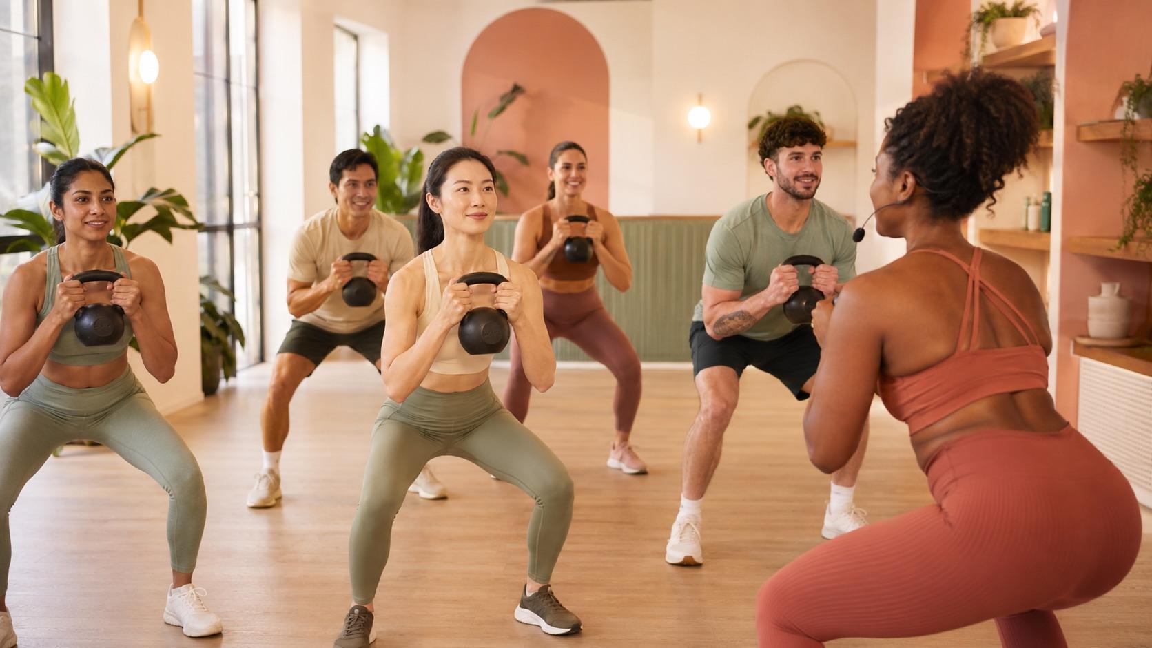 An adult small-group strength class with kettlebells