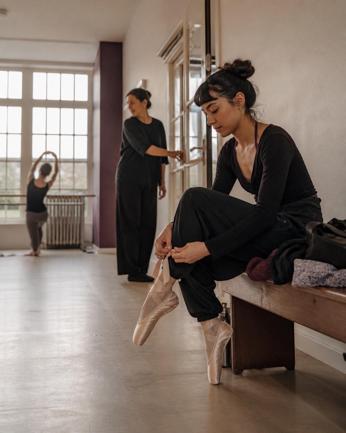 A returning dance client getting ready while the studio prepares for class.