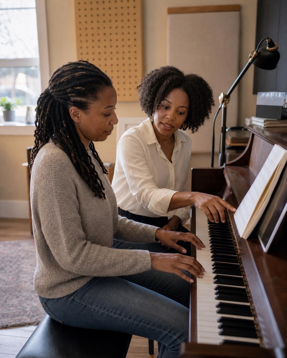 A music instructor teaching a client at the piano.