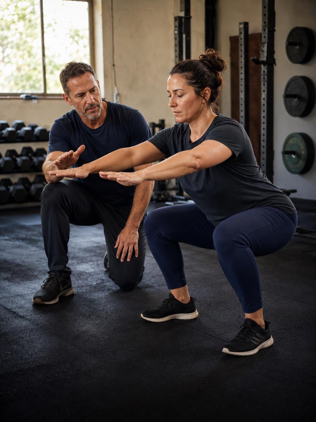 A personal trainer helping a client with her squat technique.