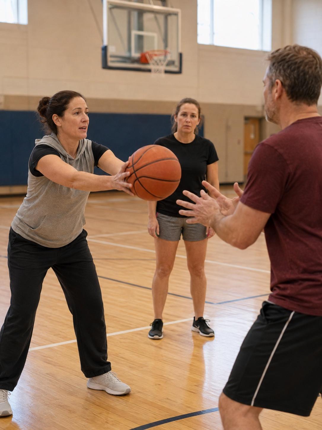 A coach leading a basketball practice at a community sports club.