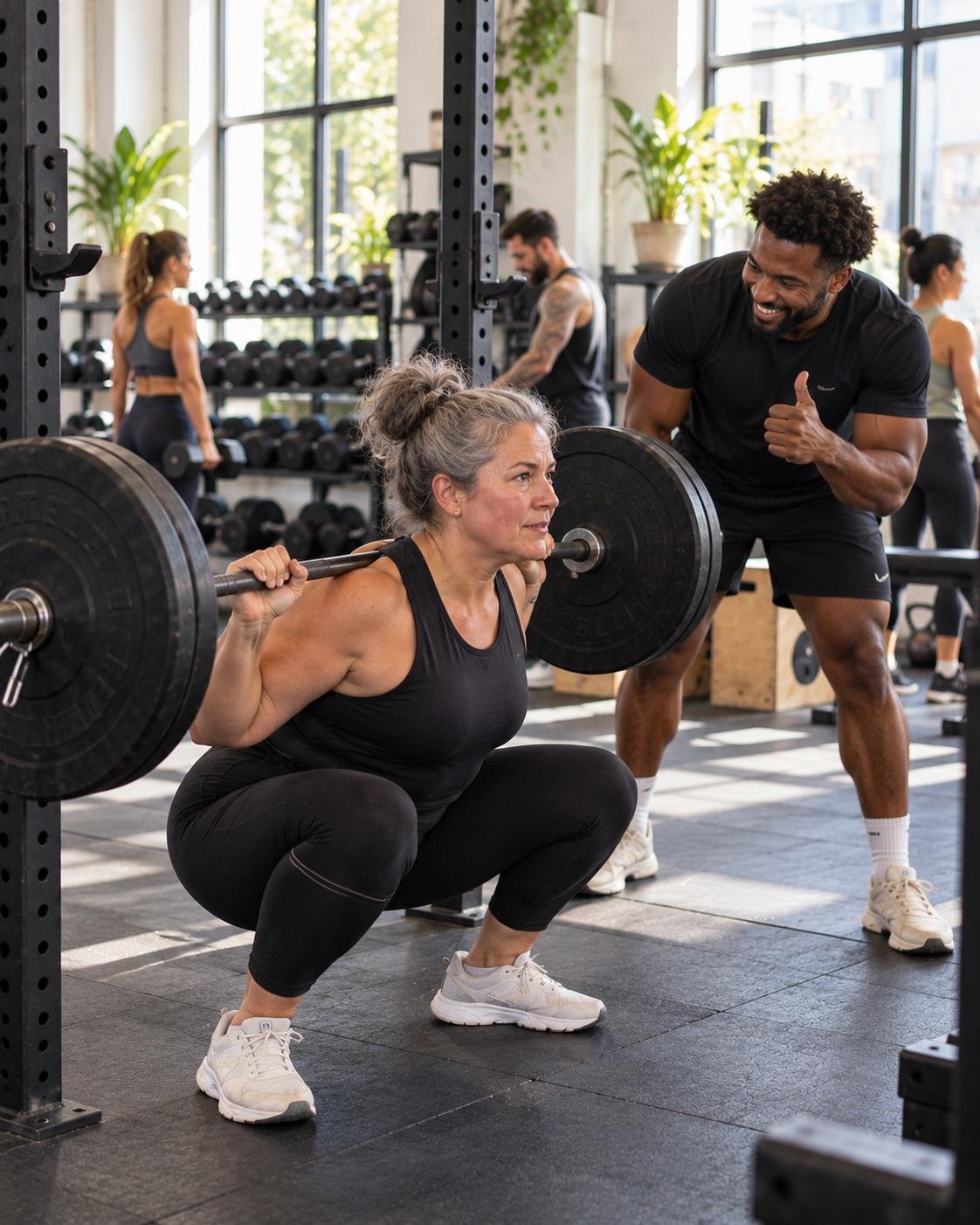 A gym member lifting at a squat rack with a coach nearby.