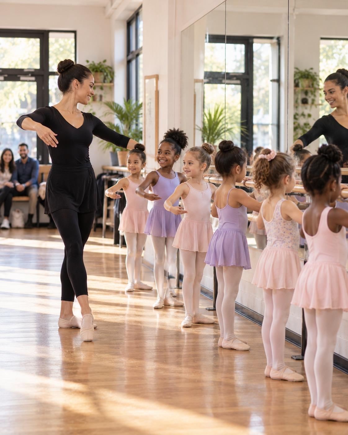 Young children in a ballet class with their teacher at the barre.