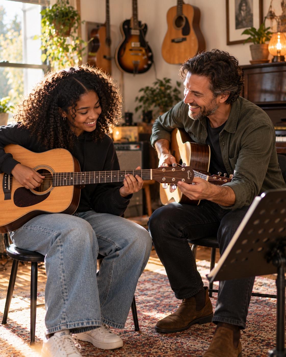 A guitar teacher working through a song with a teenage student in a music studio.