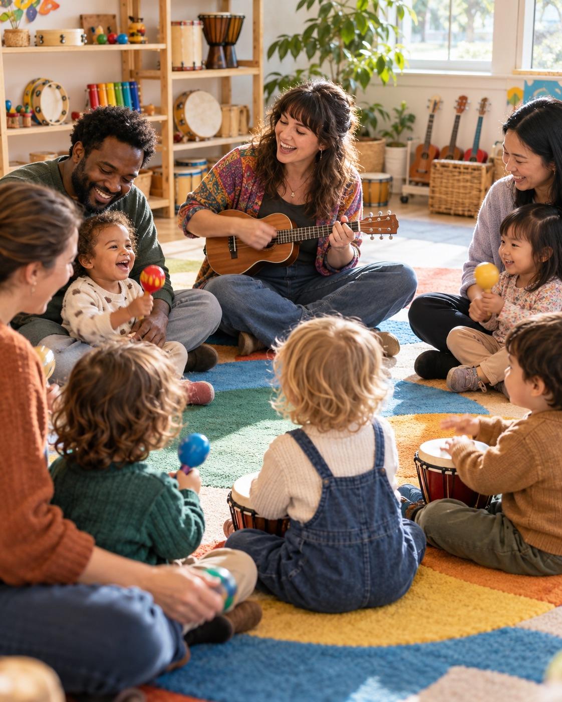 Young children and their parents playing shakers and drums in a group music class led by a teacher with a ukulele.