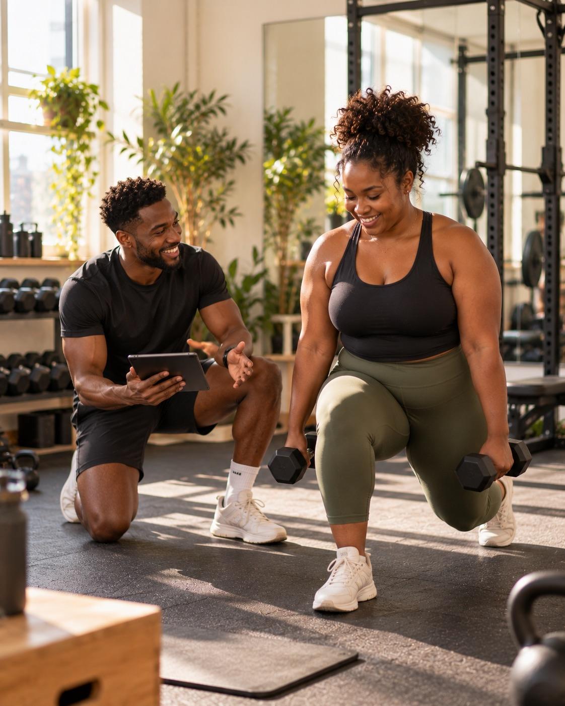 A personal trainer coaching a client with dumbbells, tablet in hand.