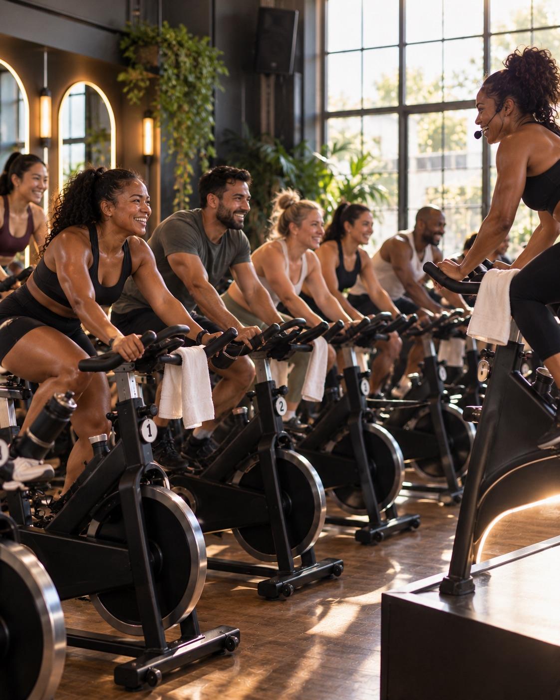 An indoor cycling class on numbered bikes with the instructor at the front.