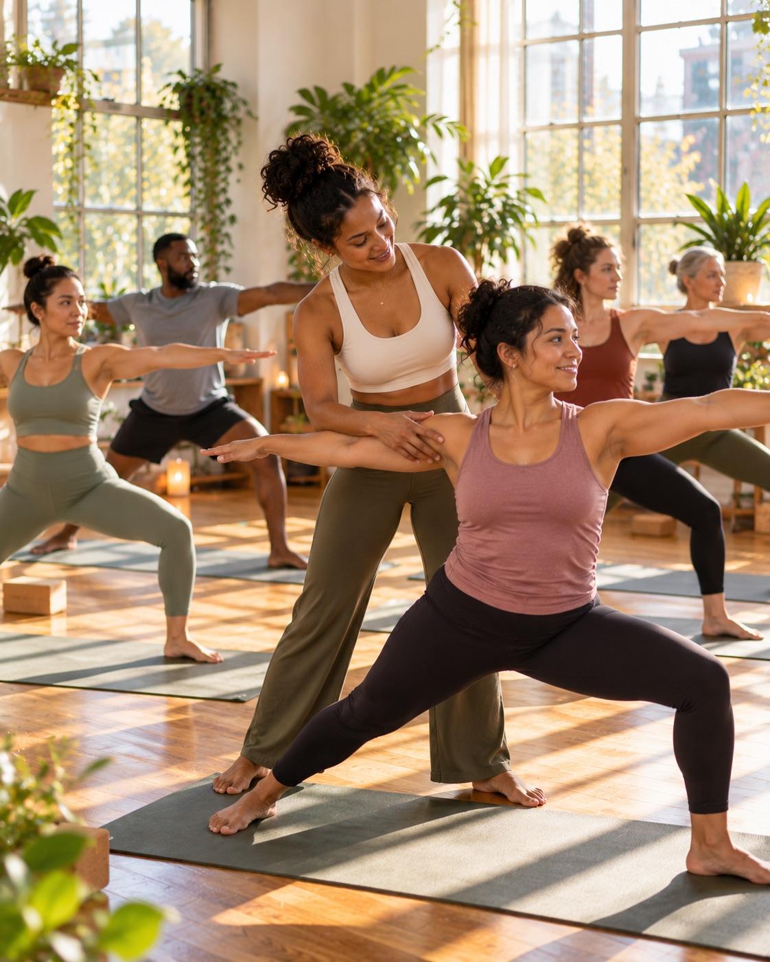 A yoga teacher adjusting a student's pose in a small class.