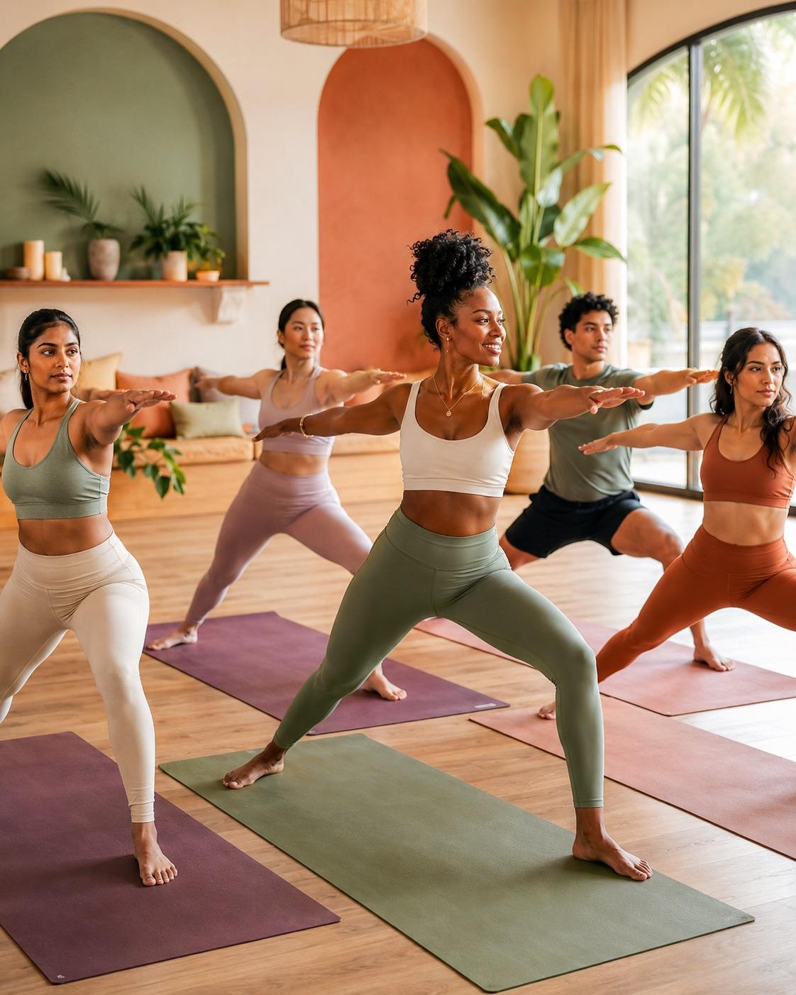 A diverse group of students holding warrior pose on colourful mats.