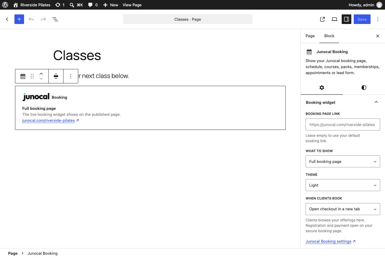 The Junocal Booking block in the WordPress editor, with settings for what to show, the theme and how checkout opens.
