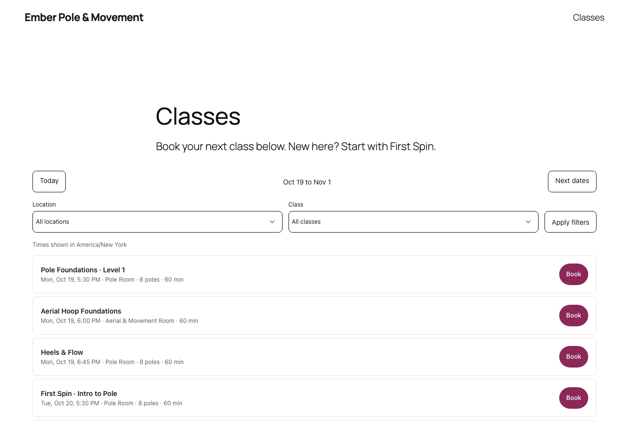 A movement studio's class timetable with Book buttons on a WordPress page, shown by the Junocal Booking plugin.