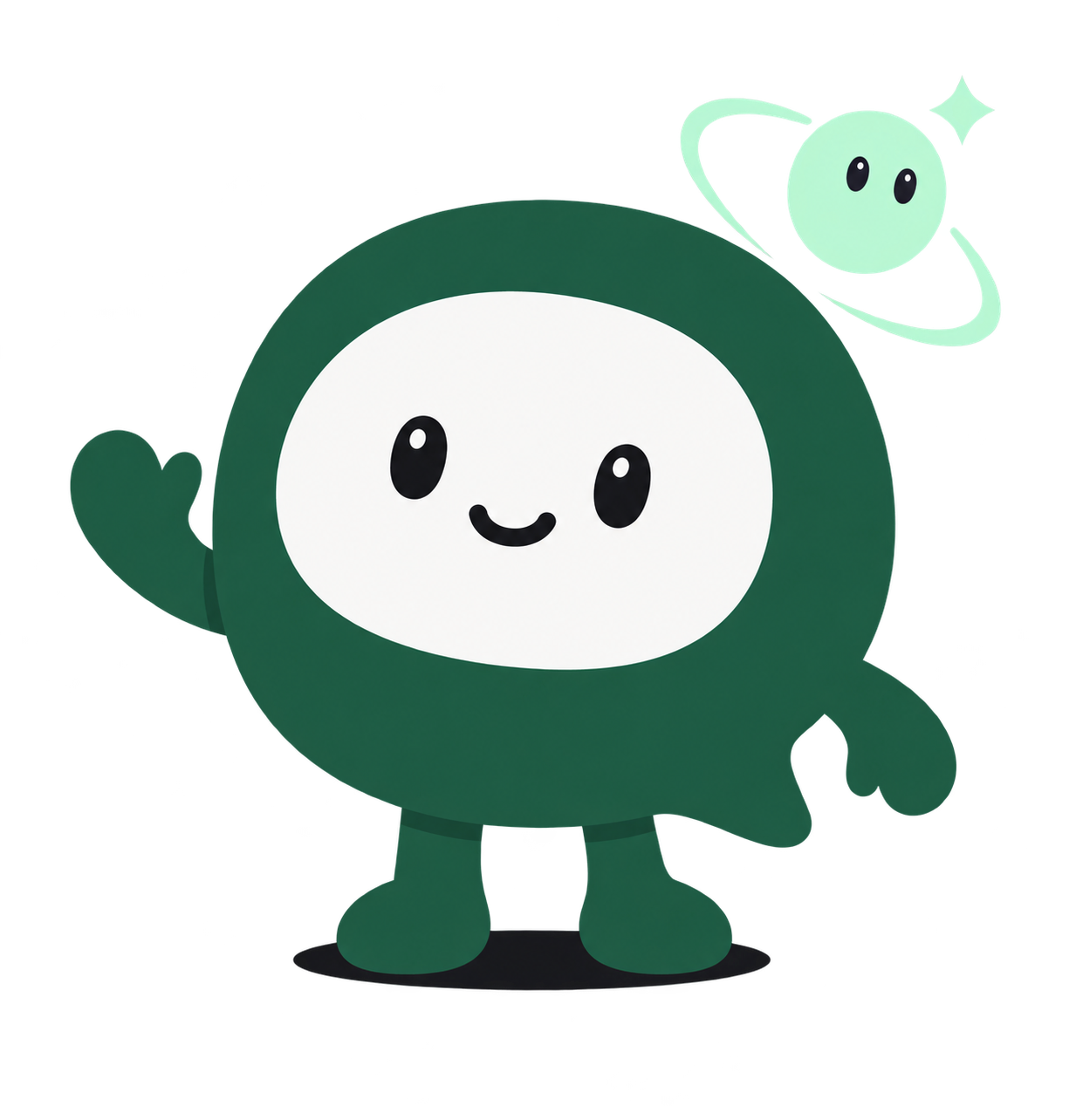 Juno, Junocal’s green mascot, waving beside its orbiting companion.