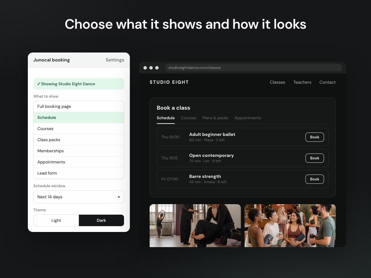 The Junocal widget's settings beside a dance studio's class schedule on its Wix site: choose the full booking page, schedule, courses, class packs, memberships, appointments or lead form, a schedule window and a light or dark theme.