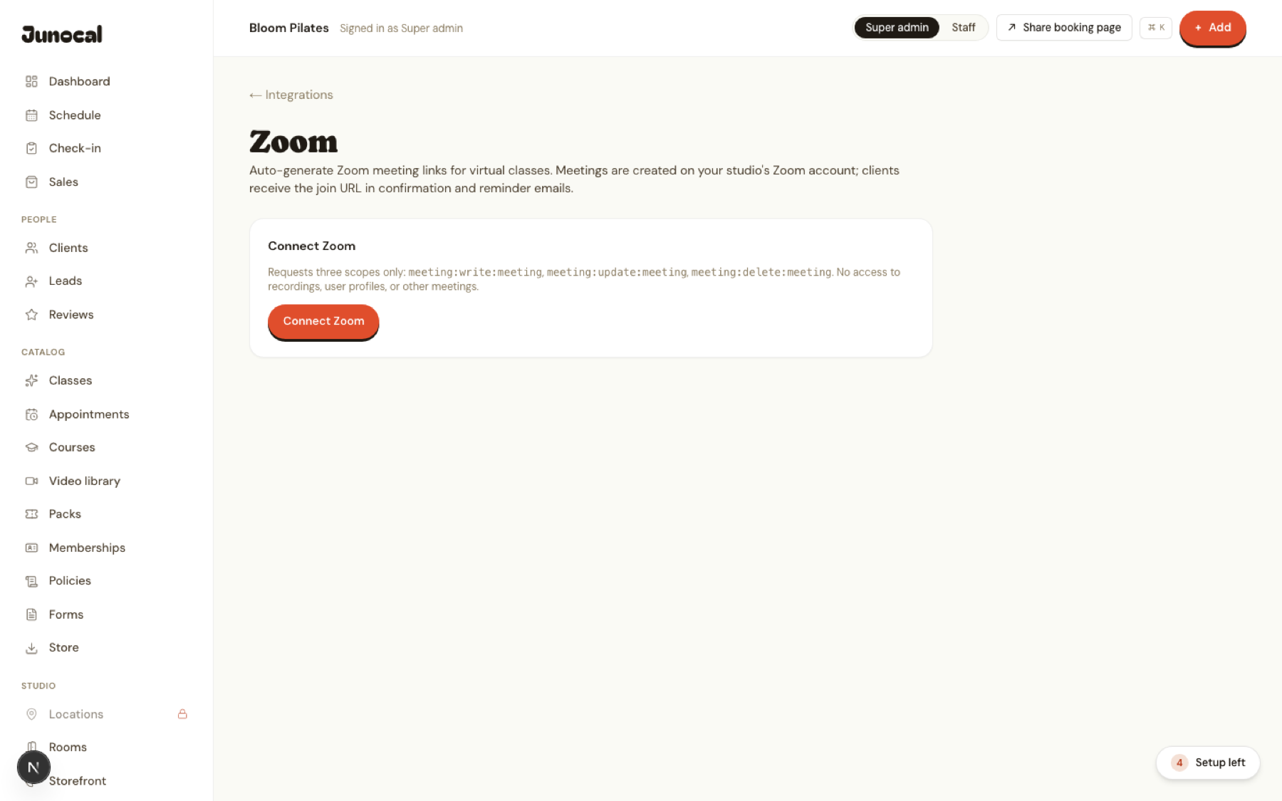 Junocal's Zoom integration connecting online classes to auto-generated meeting links.