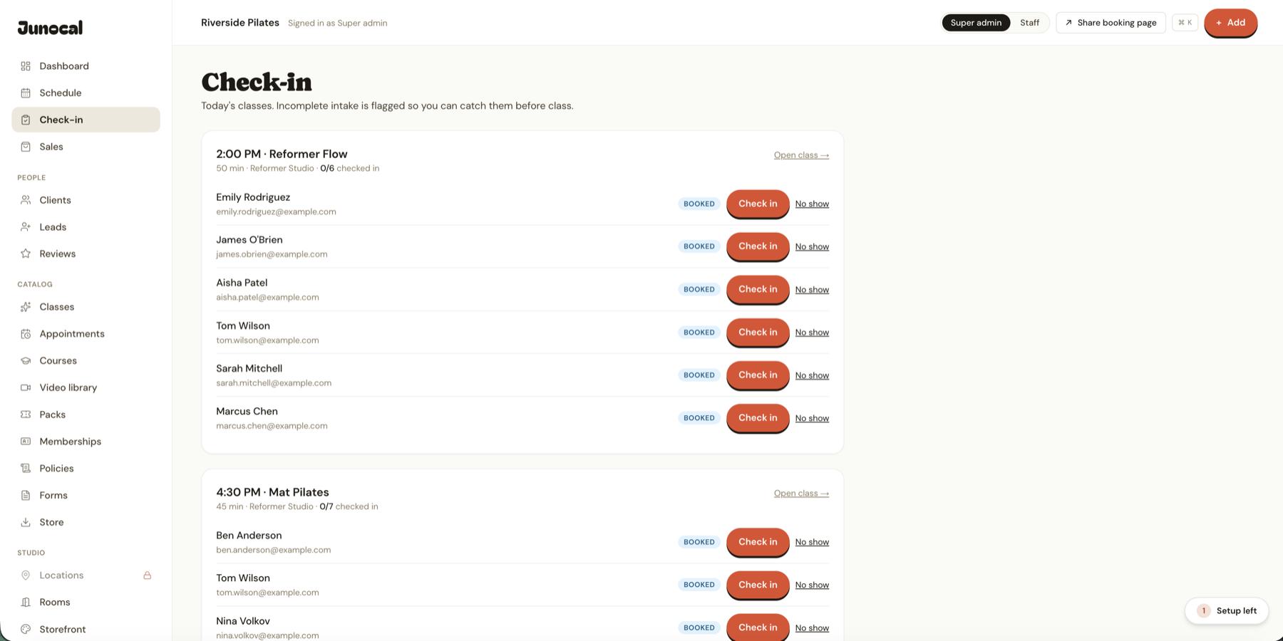 Junocal's day-of check-in roster with per-client check-in and no-show actions.