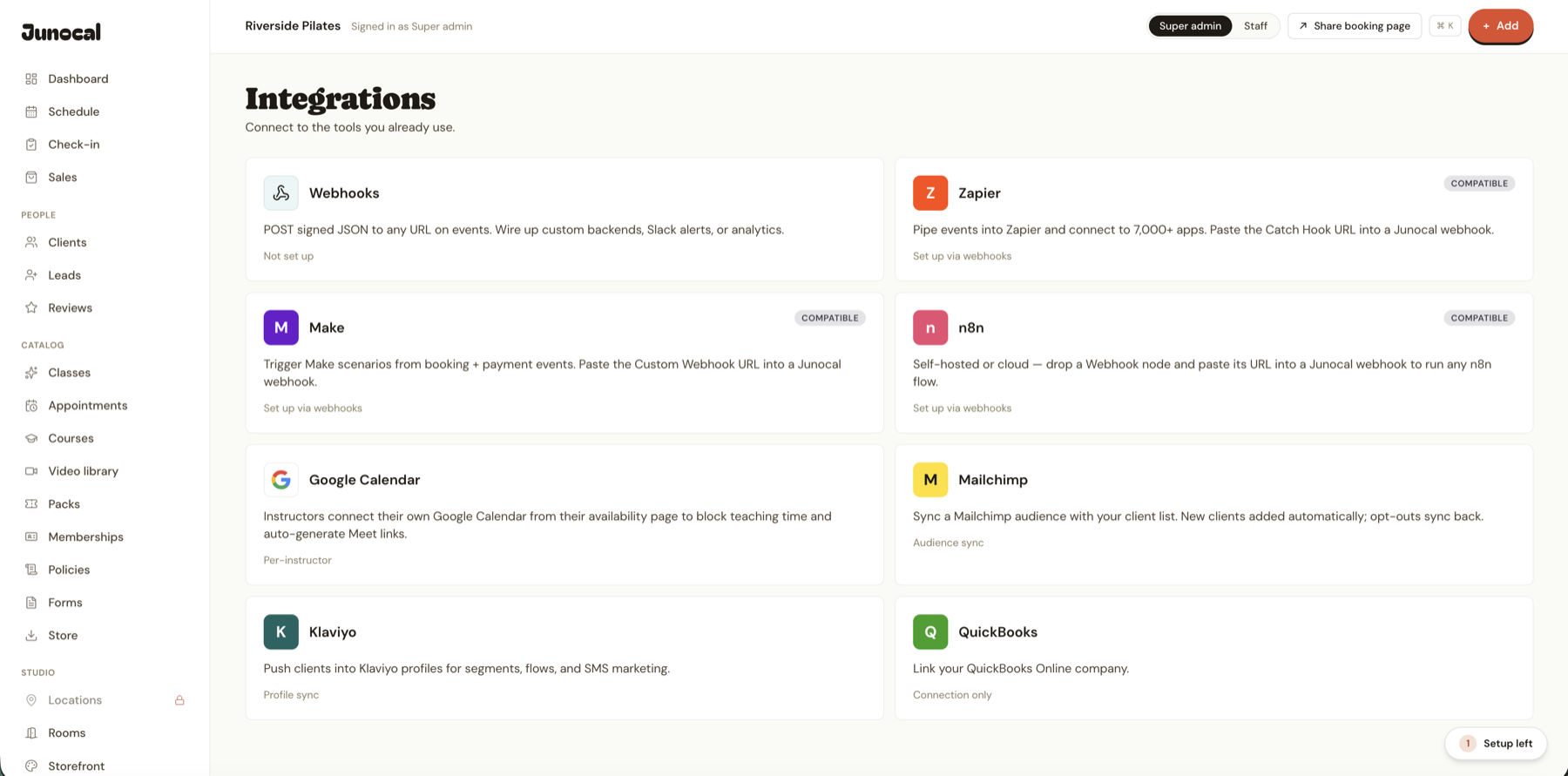 Junocal's integrations hub: Stripe, Google Calendar, Mailchimp, Klaviyo, QuickBooks, Zapier and more.