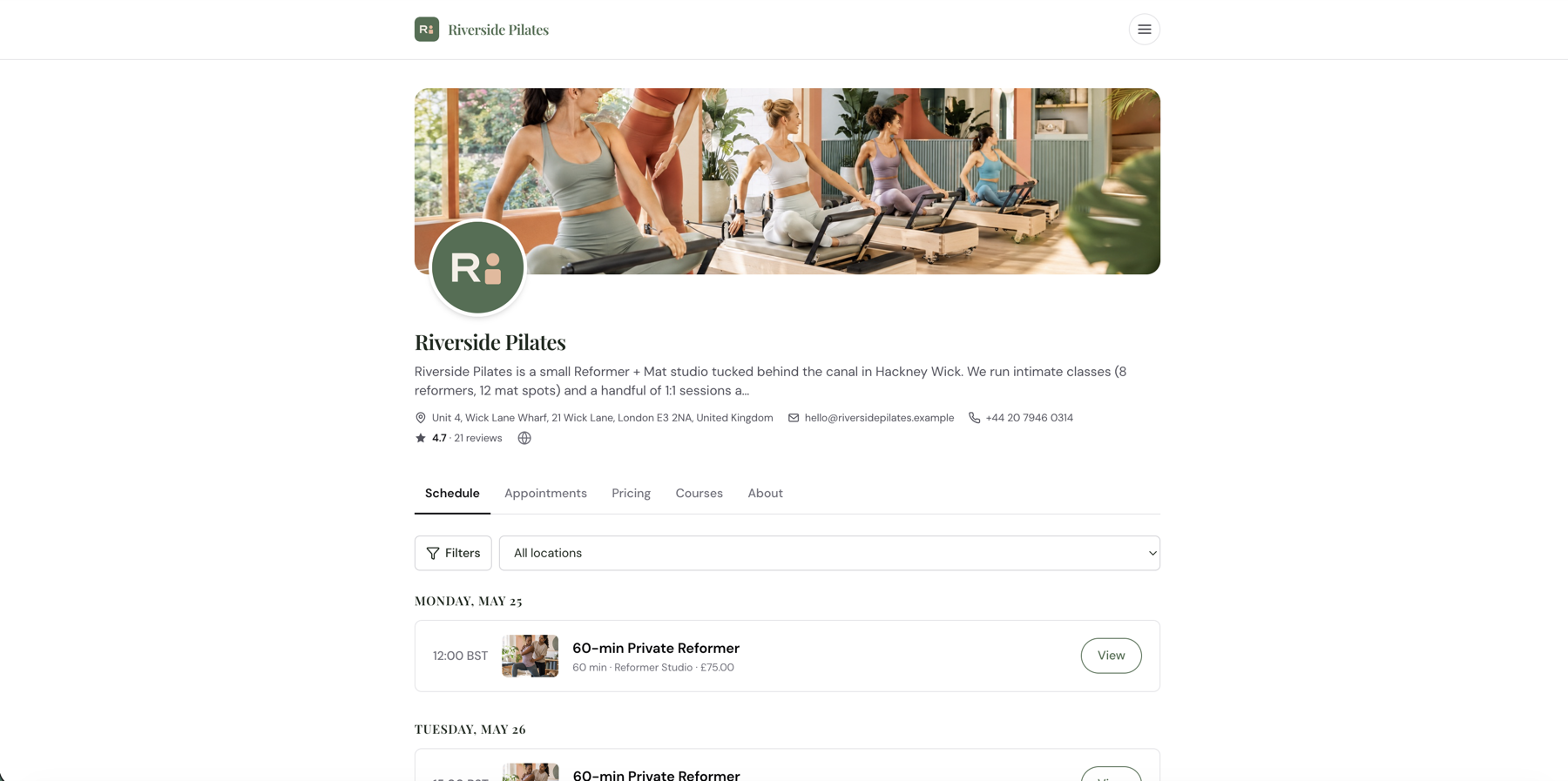 A studio's branded public booking page with cover photo, reviews and schedule.