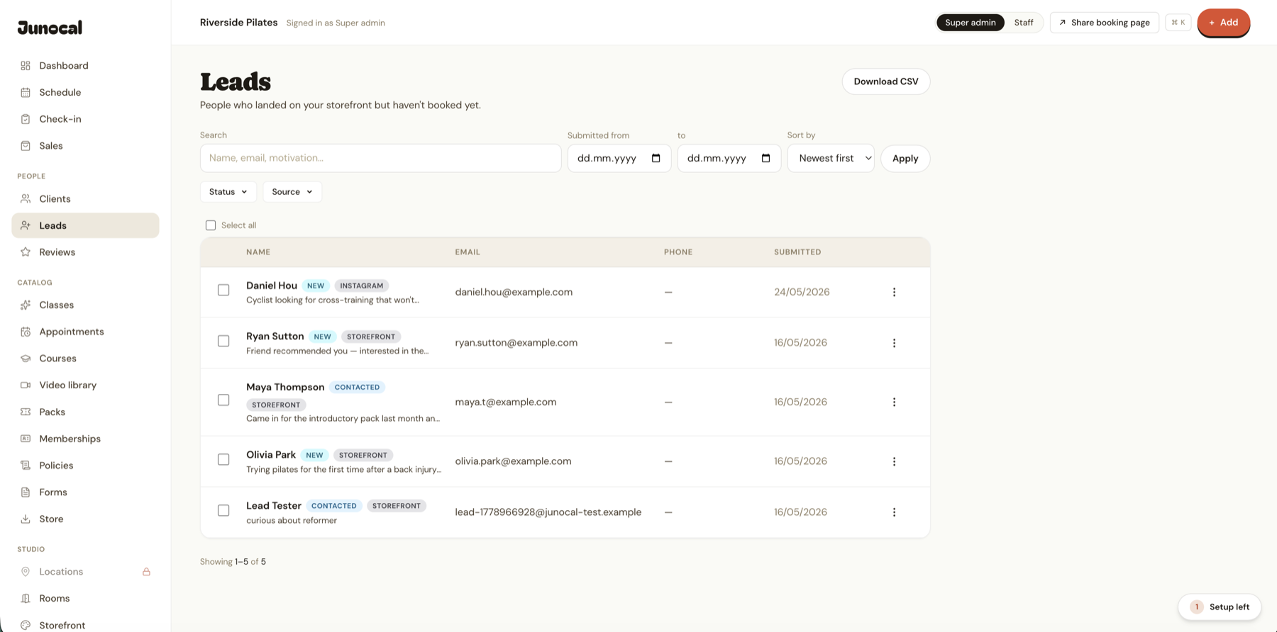 Junocal's leads pipeline showing enquiries by source and stage.